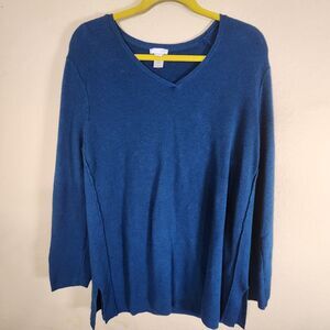 J. Jill Womens XL Knit Top Blue Silk Cotton Blend Lightweight V Neck Tunic